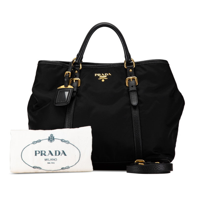 Prada Nylon Leather Logo Tote Handbag Black in Very Good Condition