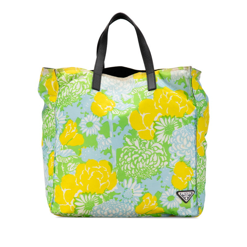 Prada Floral Print Nylon Leather Tote Bag