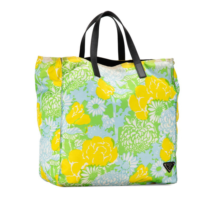 Prada Floral Print Nylon Leather Tote Bag