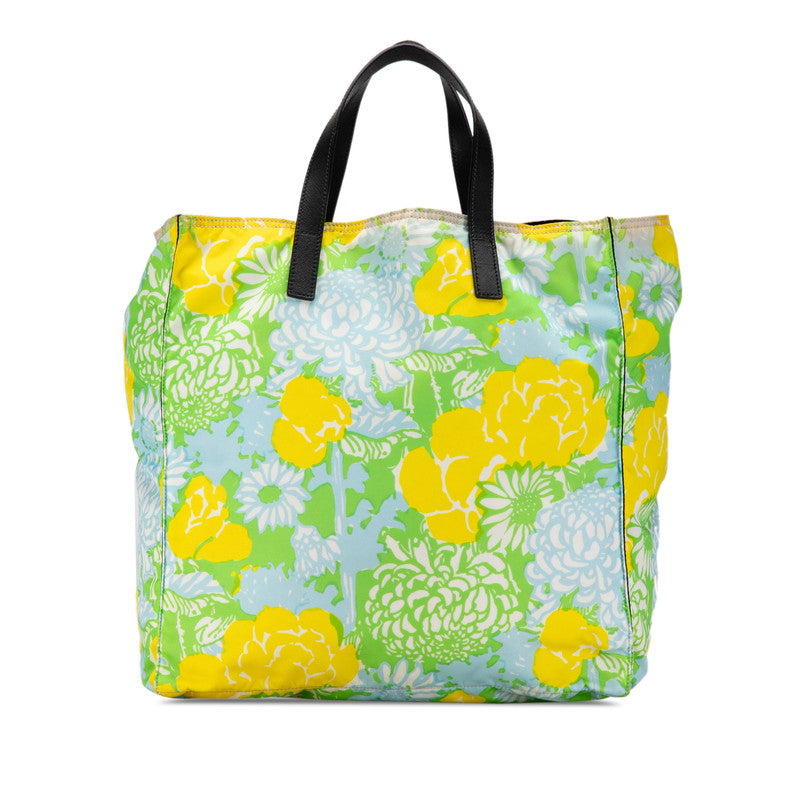 Prada Floral Print Nylon Leather Tote Bag