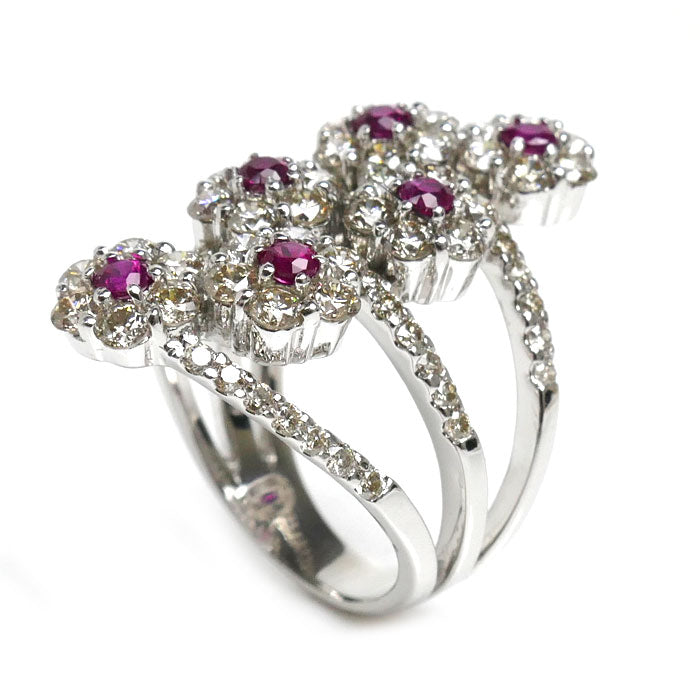 K18WG White Gold Ruby Flower Ring