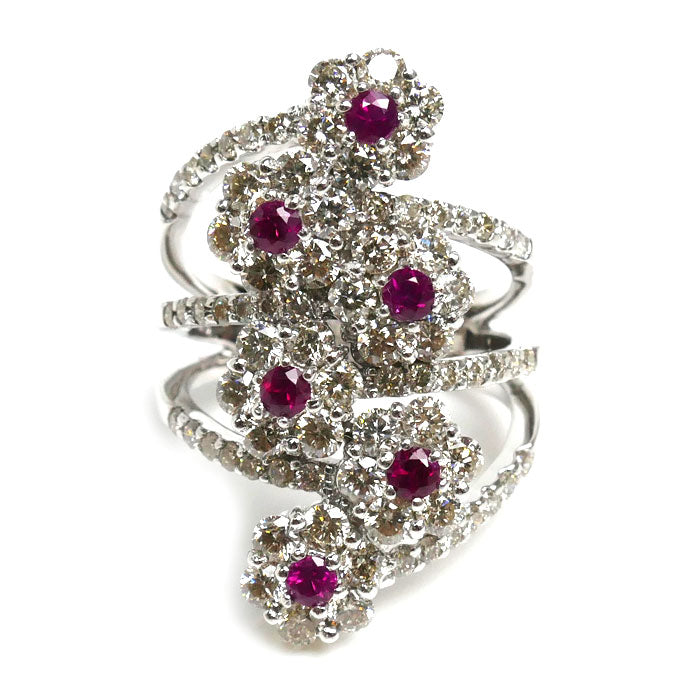 K18WG White Gold Ruby Flower Ring