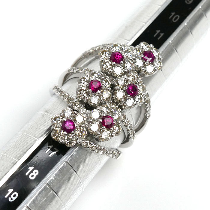 K18WG White Gold Ruby Flower Ring