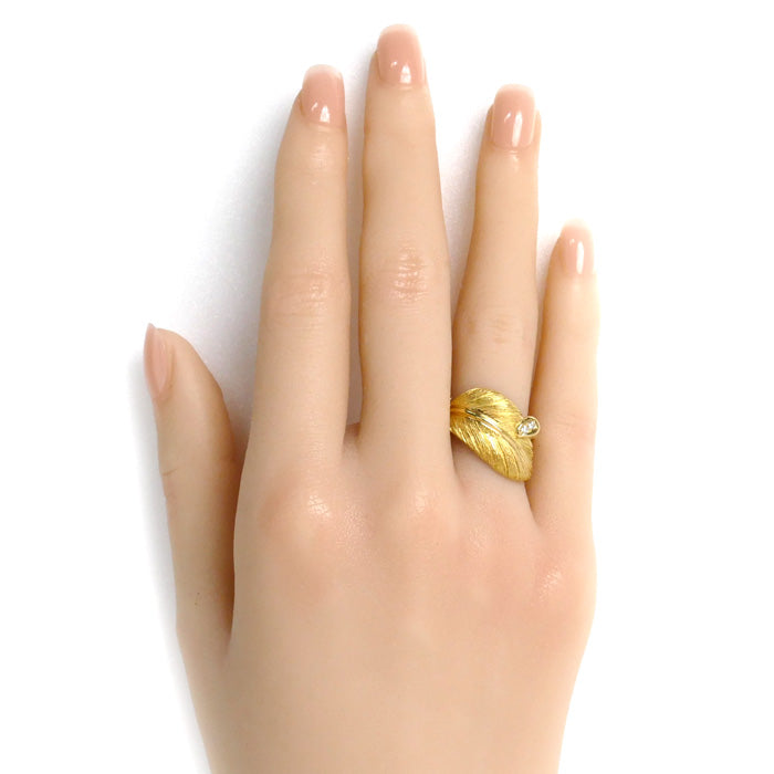 K18YG Yellow Gold Leaf Ring Diamond 0.03ct