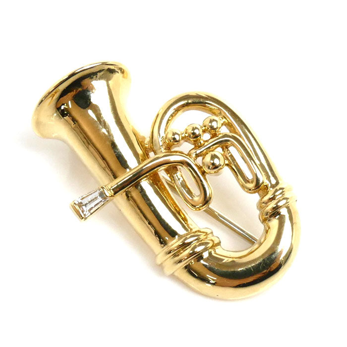 K18YG Yellow Gold Tuba Motif Brooch Diamond