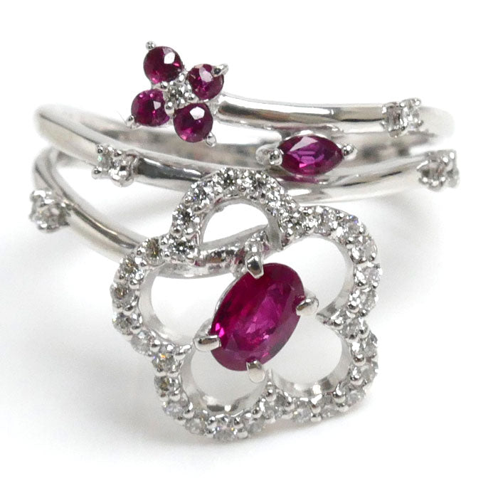 K18WG White Gold Ruby Flower Ring