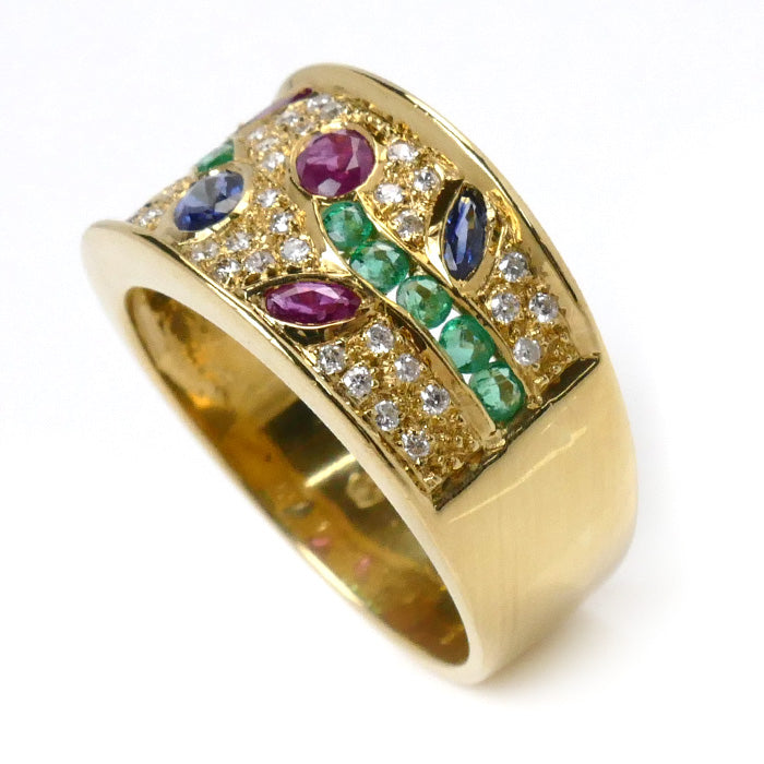 K18YG Yellow Gold Ruby Sapphire Emerald Ring