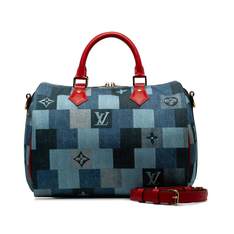 Louis Vuitton Denim Leather Speedy Bandouliere 30 Patchwork Handbag M45041 in Great Condition