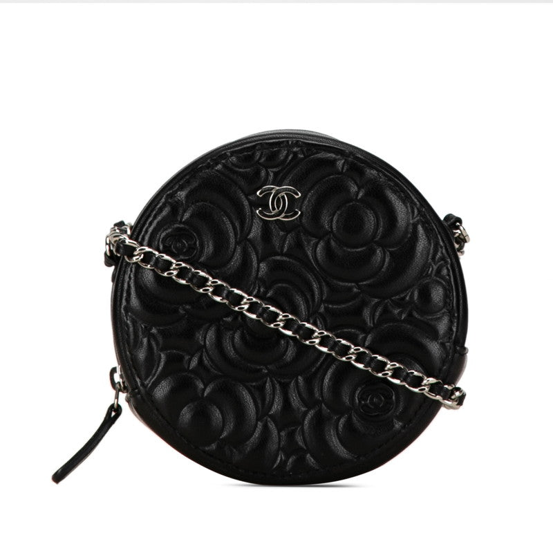 Chanel Camellia Round Mini Chain Shoulder Bag Leather Black in Great Condition