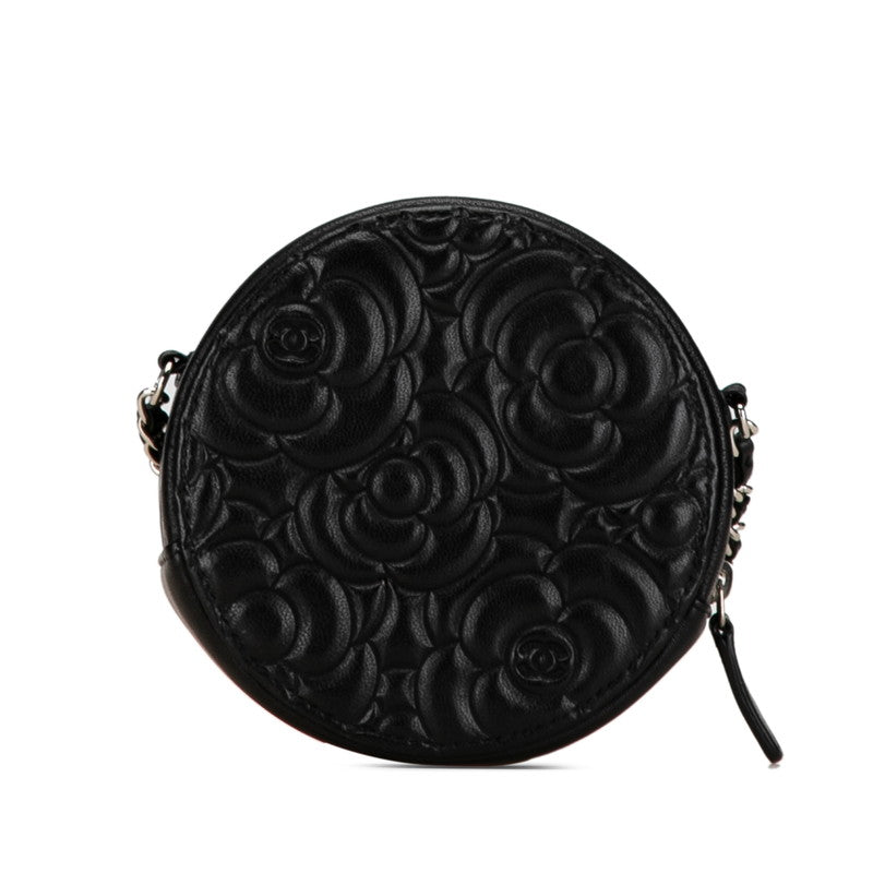 Chanel Camellia Round Mini Chain Shoulder Bag Leather Black in Great Condition