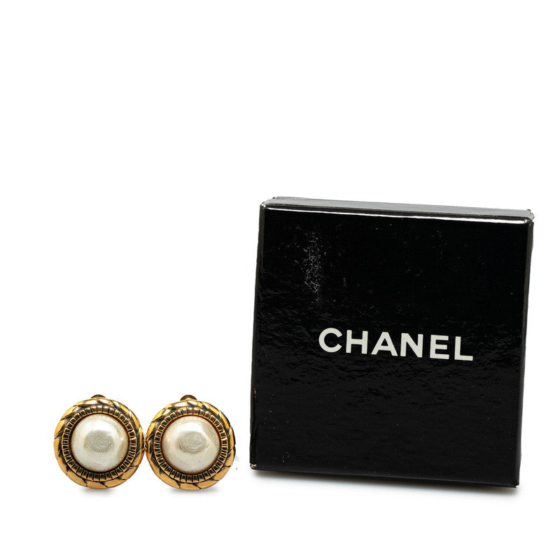 Chanel Faux Pearl Round Clip Earrings Gold