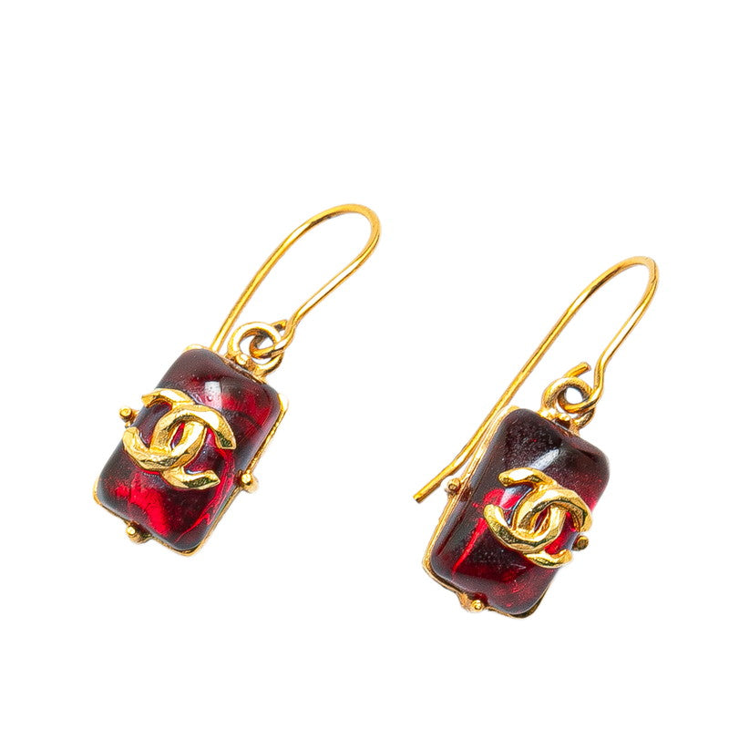 Chanel Gripoix Coco Mark Earrings Red Gold