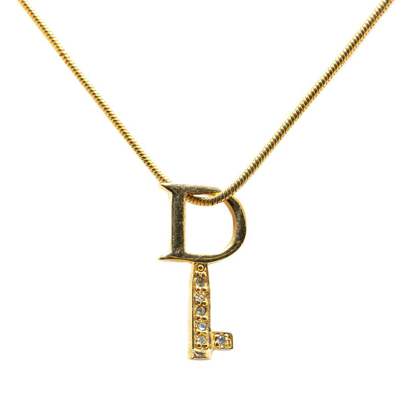 Dior D Logo Key Motif Rhinestone Necklace Gold Plated in Very Good Condition