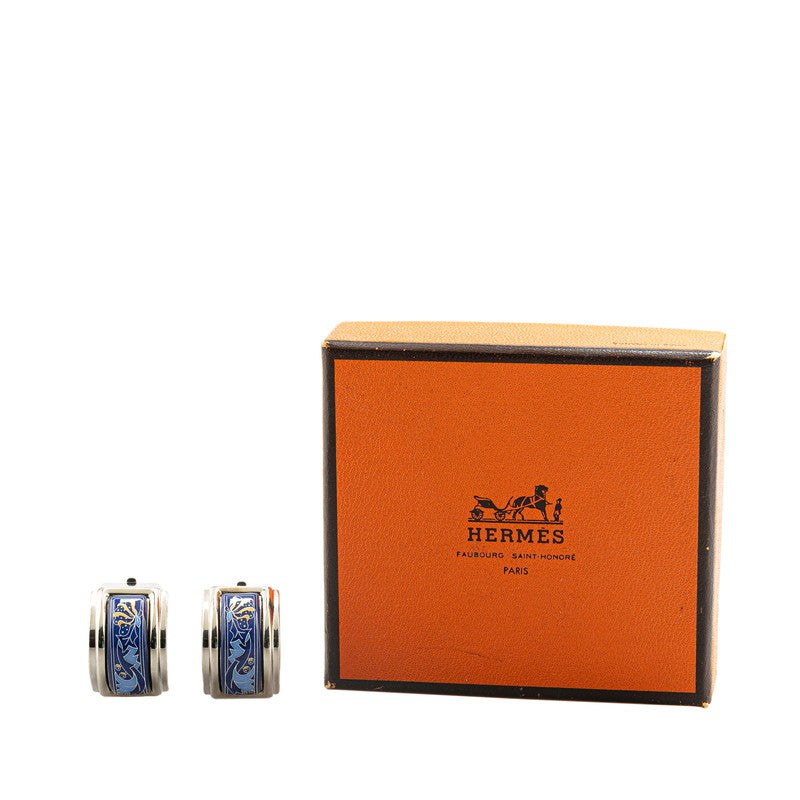 Hermes Enamel Earrings Silver Blue Metal