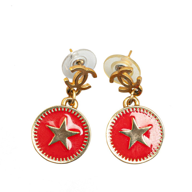 Chanel Coco Mark Star Swing Earrings Gold Red