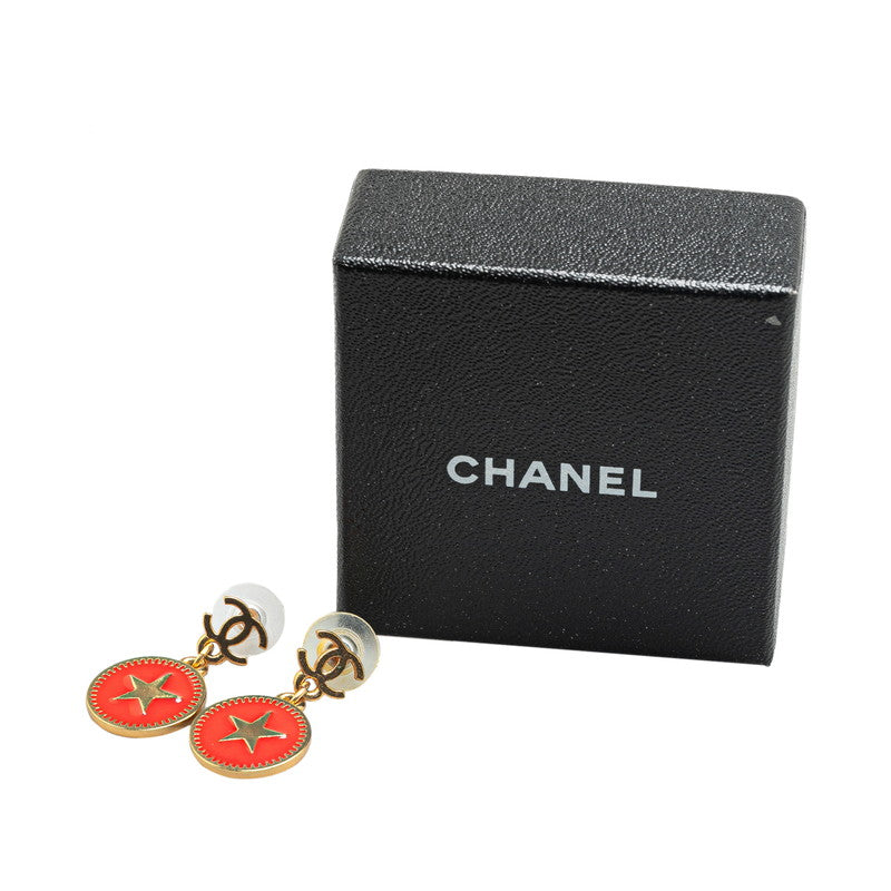 Chanel Coco Mark Star Swing Earrings Gold Red