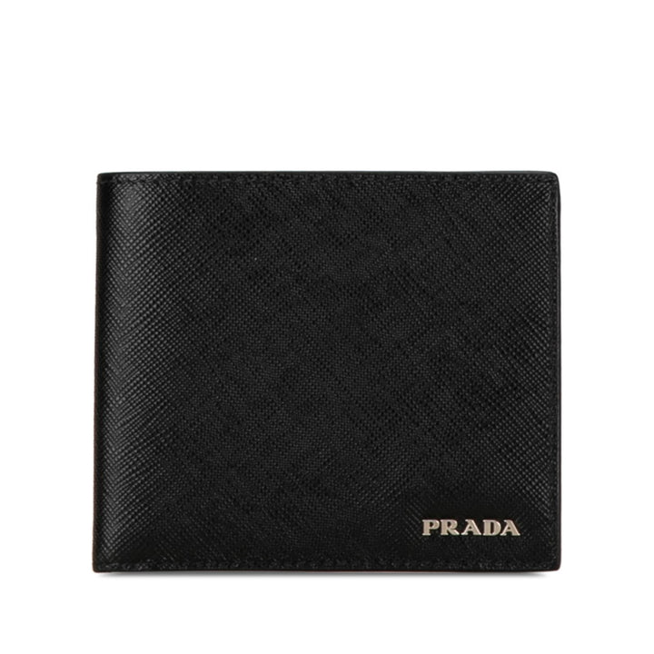 Prada Saffiano Leather Bifold Wallet Black Navy in Very Good Condition