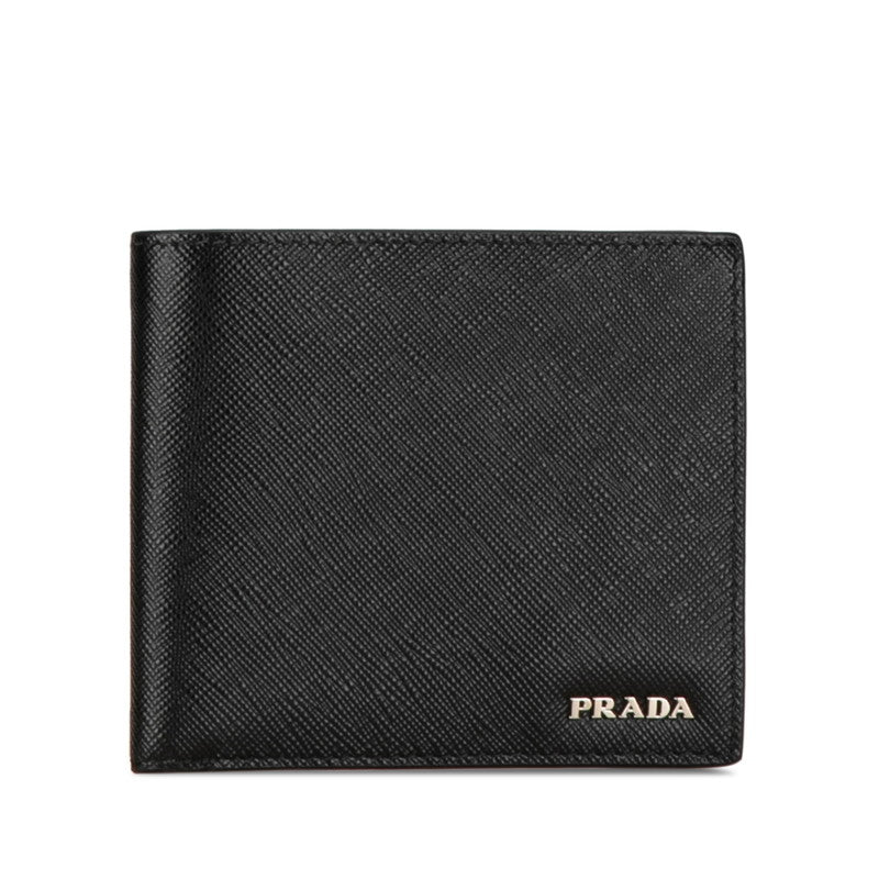 Prada Saffiano Leather Bifold Wallet Black Navy in Very Good Condition