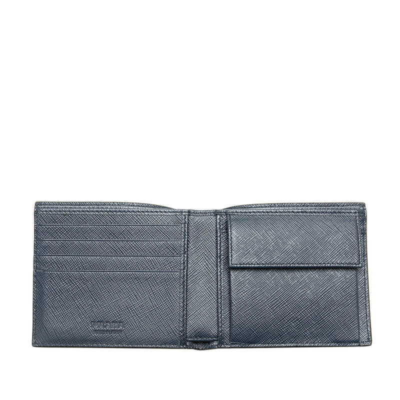 Prada Saffiano Leather Bifold Wallet Black Navy in Very Good Condition