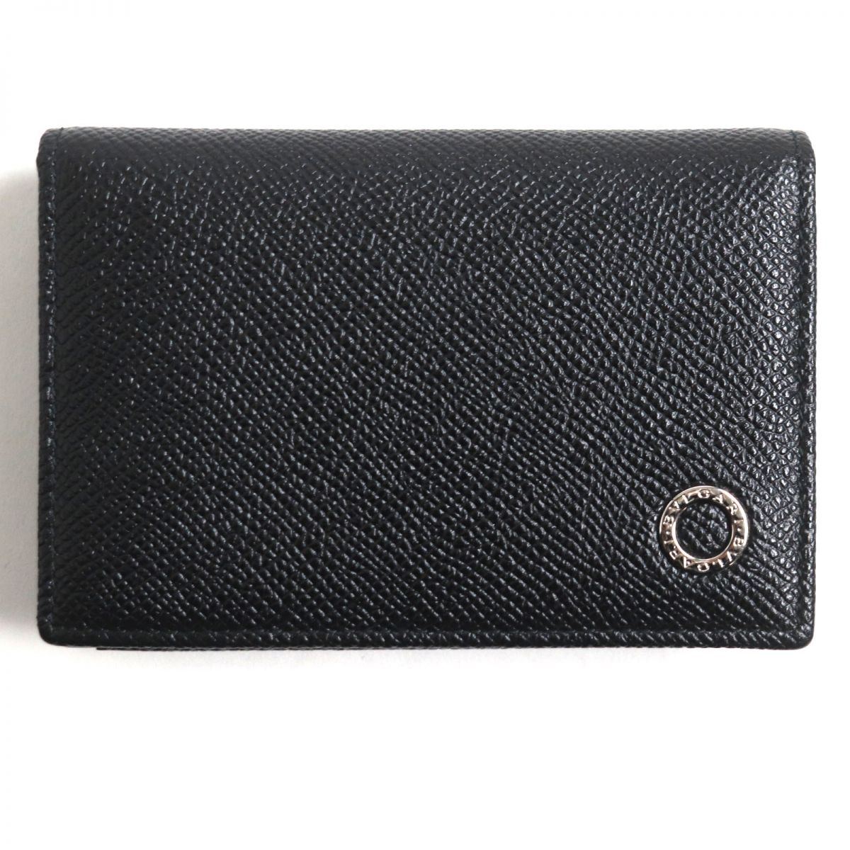 BVLGARI Silver Logo Leather Card Holder Black