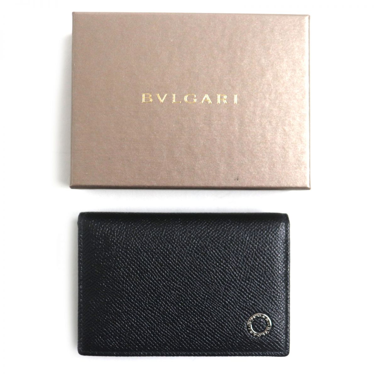 BVLGARI Silver Logo Leather Card Holder Black