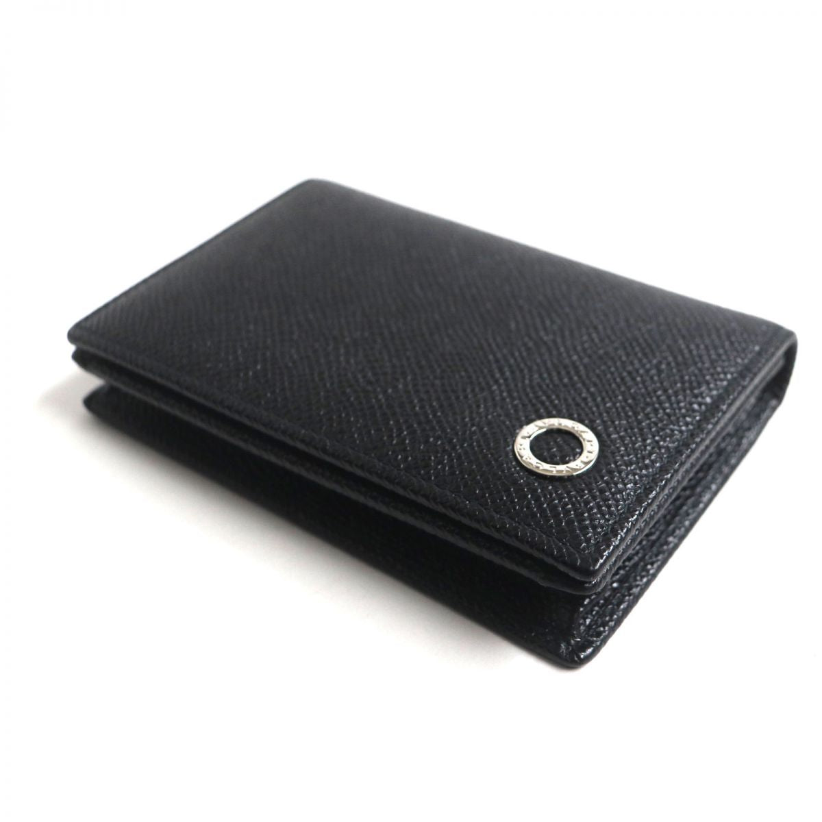 BVLGARI Silver Logo Leather Card Holder Black