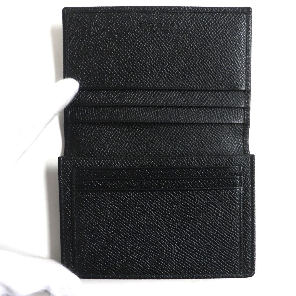 BVLGARI Silver Logo Leather Card Holder Black