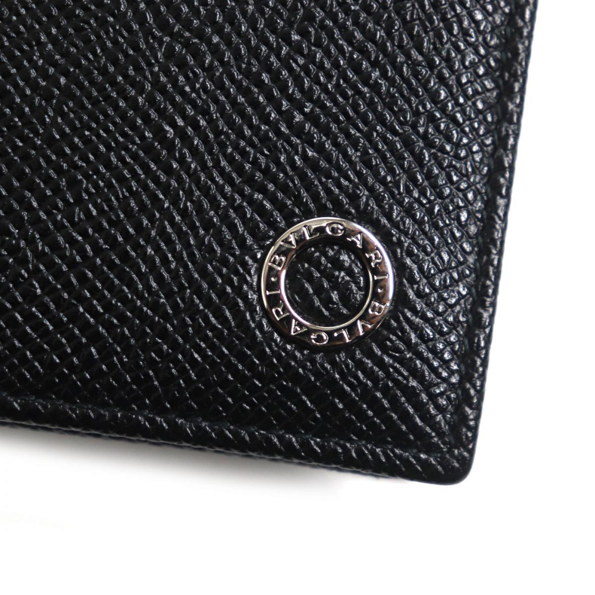 BVLGARI Silver Logo Leather Card Holder Black