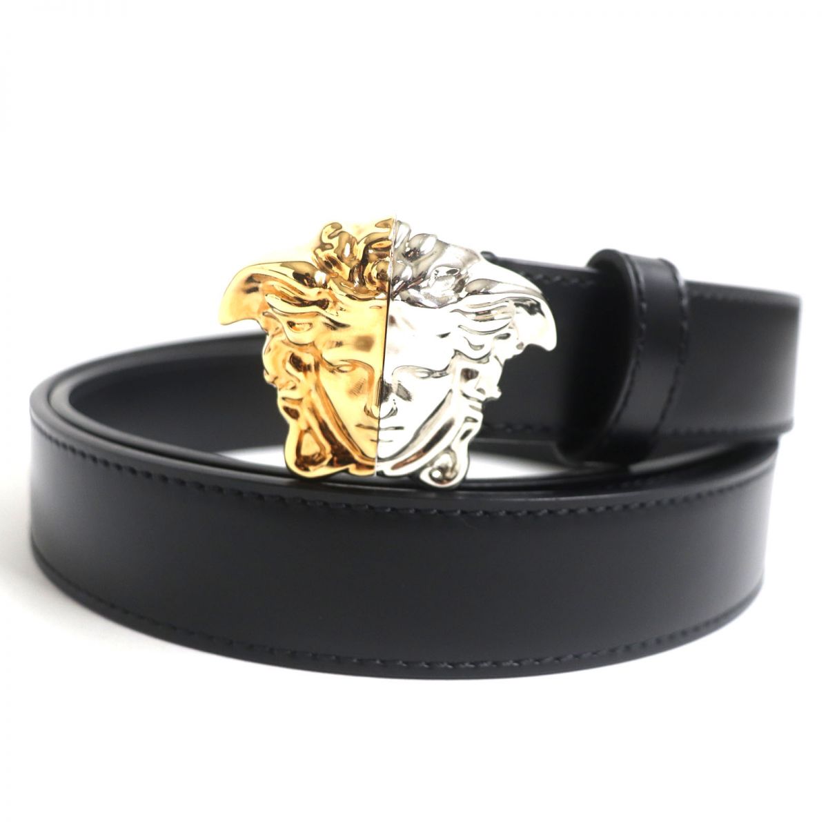 Versace Medusa Silver Gold Buckle Leather Belt