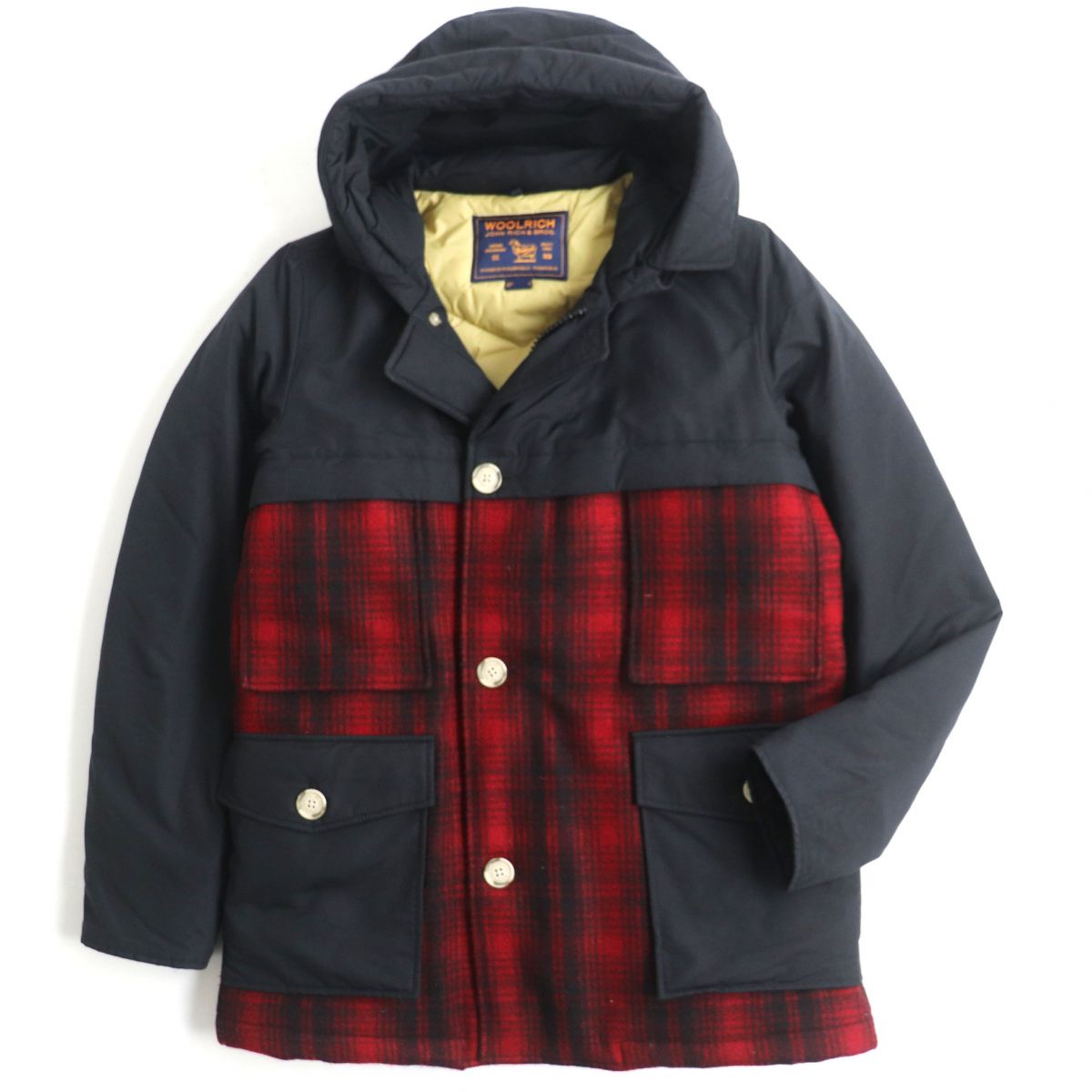 Woolrich Check Hooded Padded Wool Jacket Black Red S