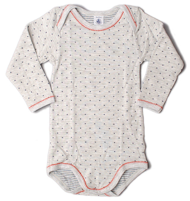 Petit Bateau Baby Long Sleeve Bodysuit - Cotton 75%, Rayon 25% - Gray/Star - Unisex - Gift for Newborns in Pristine Condition