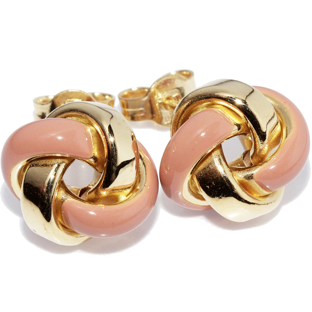 K18YG Yellow Gold Pink Enamel Love Knot Earrings in Pristine Condition