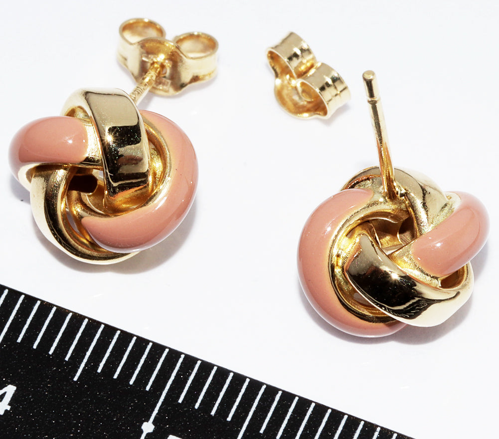 K18YG Yellow Gold Pink Enamel Love Knot Earrings in Pristine Condition