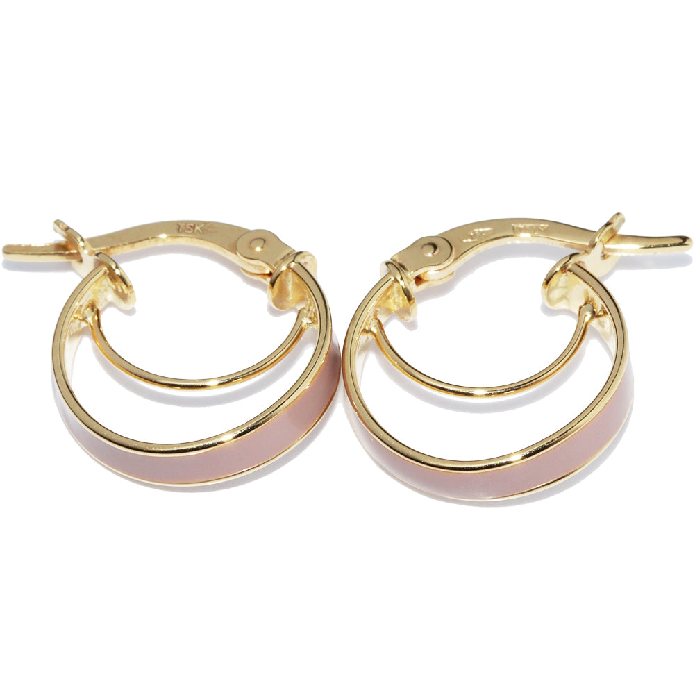 K18YG Yellow Gold Enamel Pink Beige Hoop Earrings in Pristine Condition