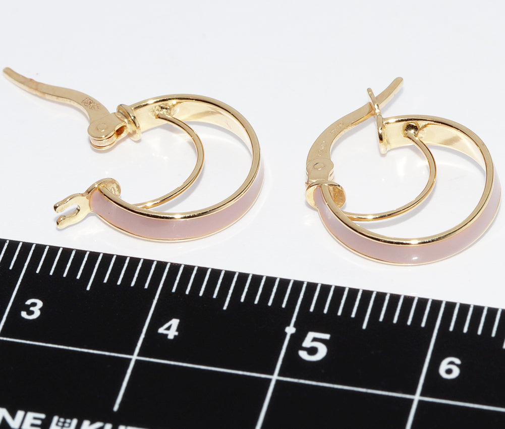 K18YG Yellow Gold Enamel Pink Beige Hoop Earrings in Pristine Condition