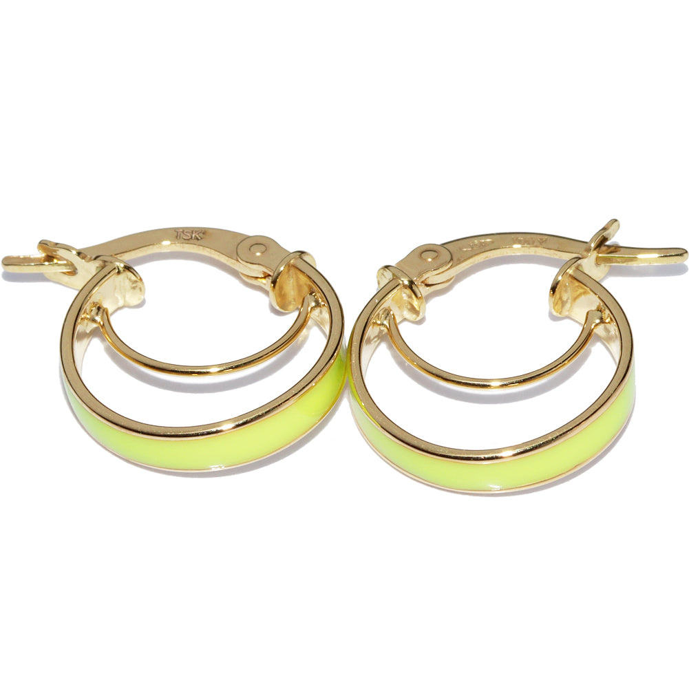 K18YG Yellow Gold Enamel Lime Green Hoop Earrings in Pristine Condition