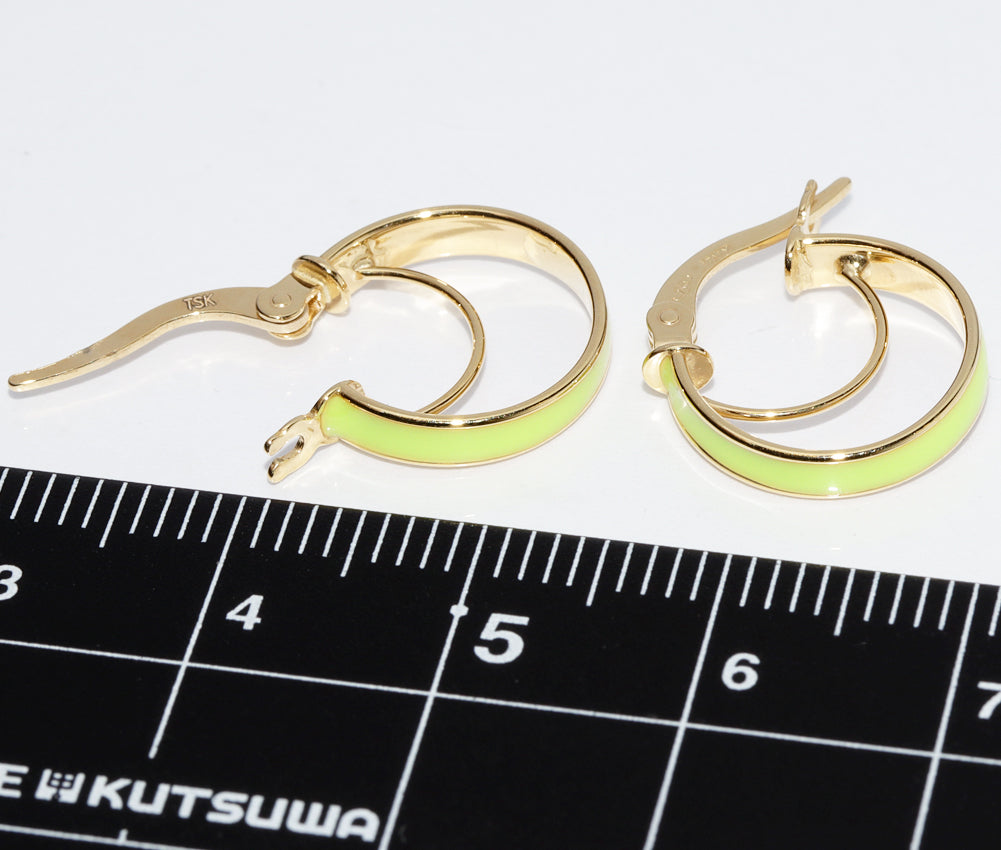 K18YG Yellow Gold Enamel Lime Green Hoop Earrings in Pristine Condition