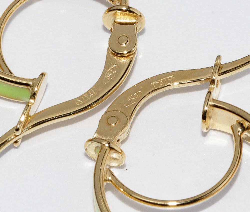 K18YG Yellow Gold Enamel Lime Green Hoop Earrings in Pristine Condition