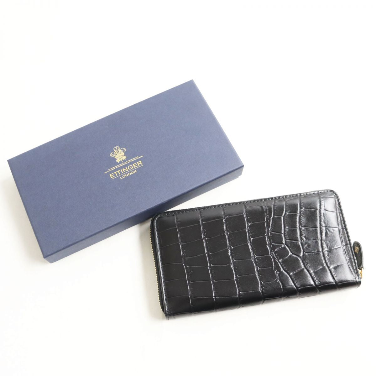 ETTINGER Crocodile Embossed Leather Long Wallet Black