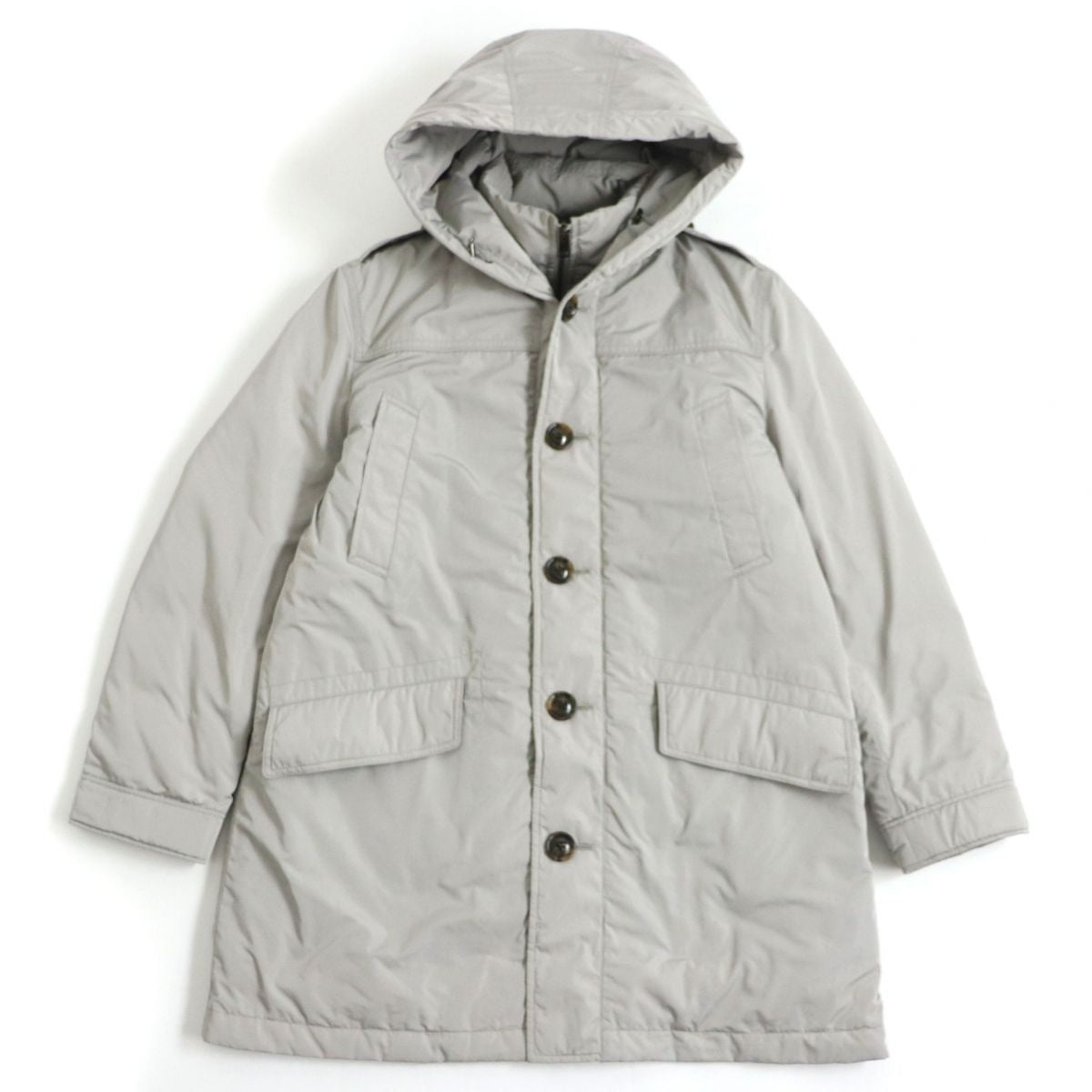 Burberry Hooded Down Coat, Layered Design, Men's, Light Gray, M