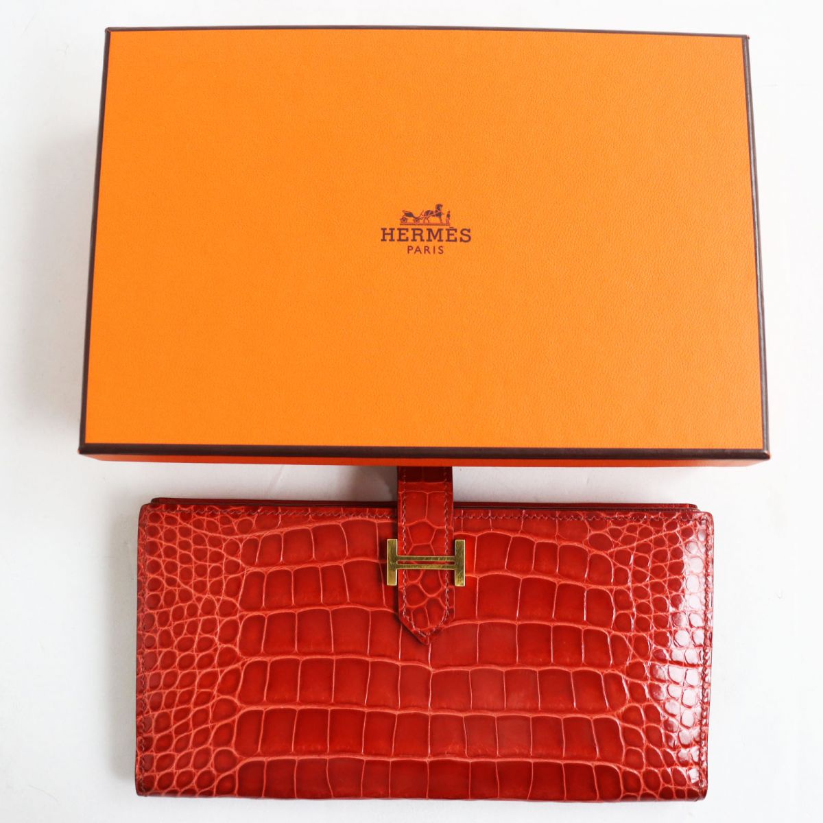 Hermes Bearn Alligator Bifold Wallet Brown