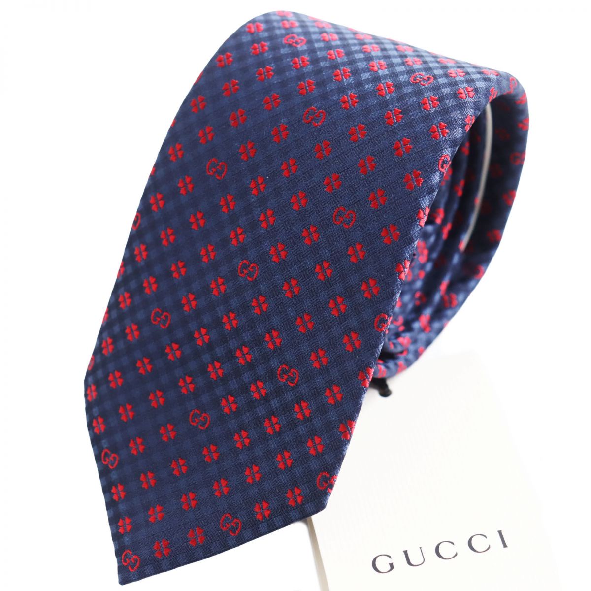 Gucci Silk GG Shamrock Clover Tie Navy Red