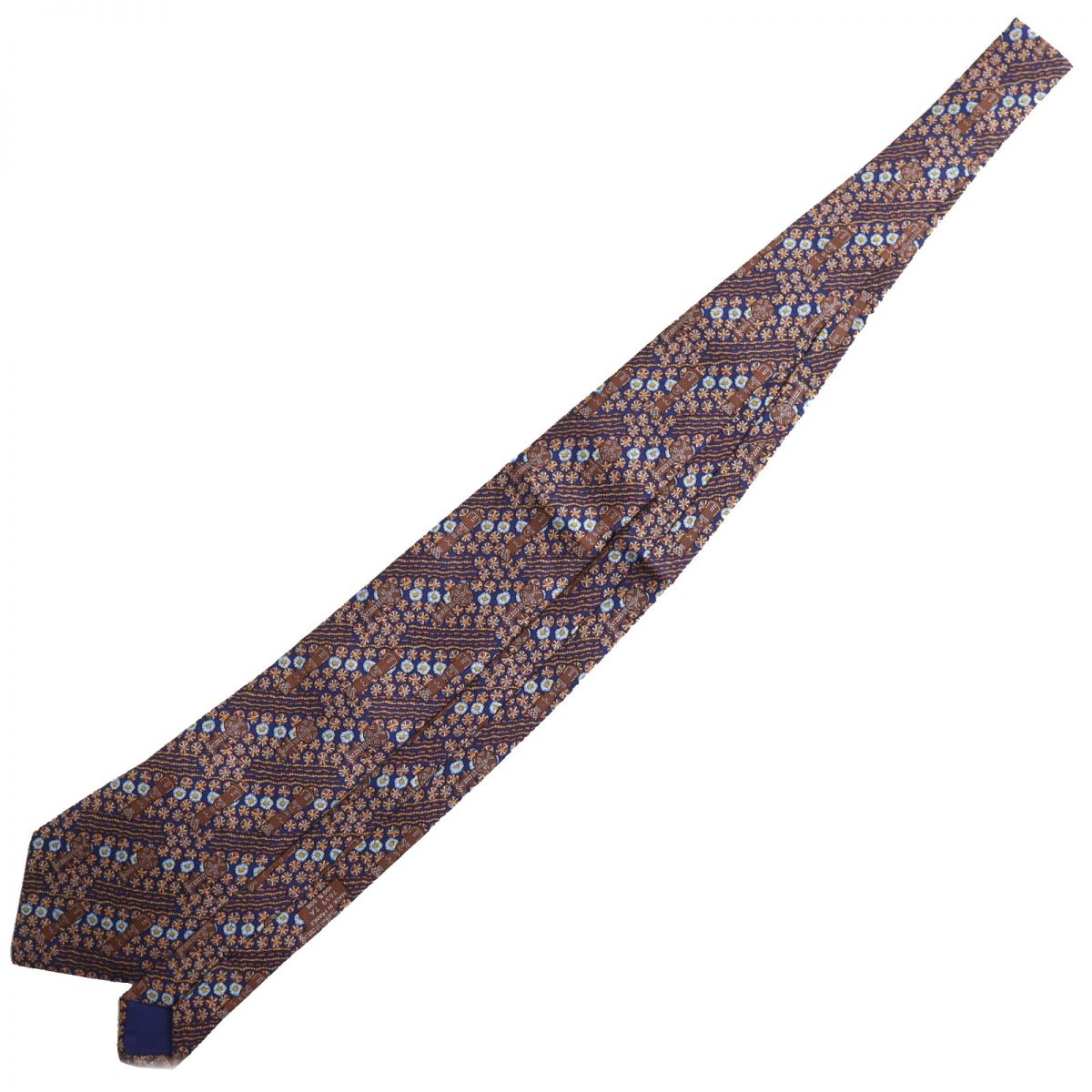 Hermes Silk 100% Floral Necktie Navy/Brown/Yellow