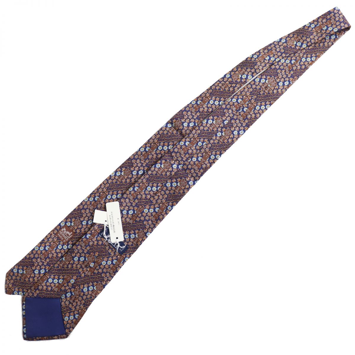 Hermes Silk 100% Floral Necktie Navy/Brown/Yellow