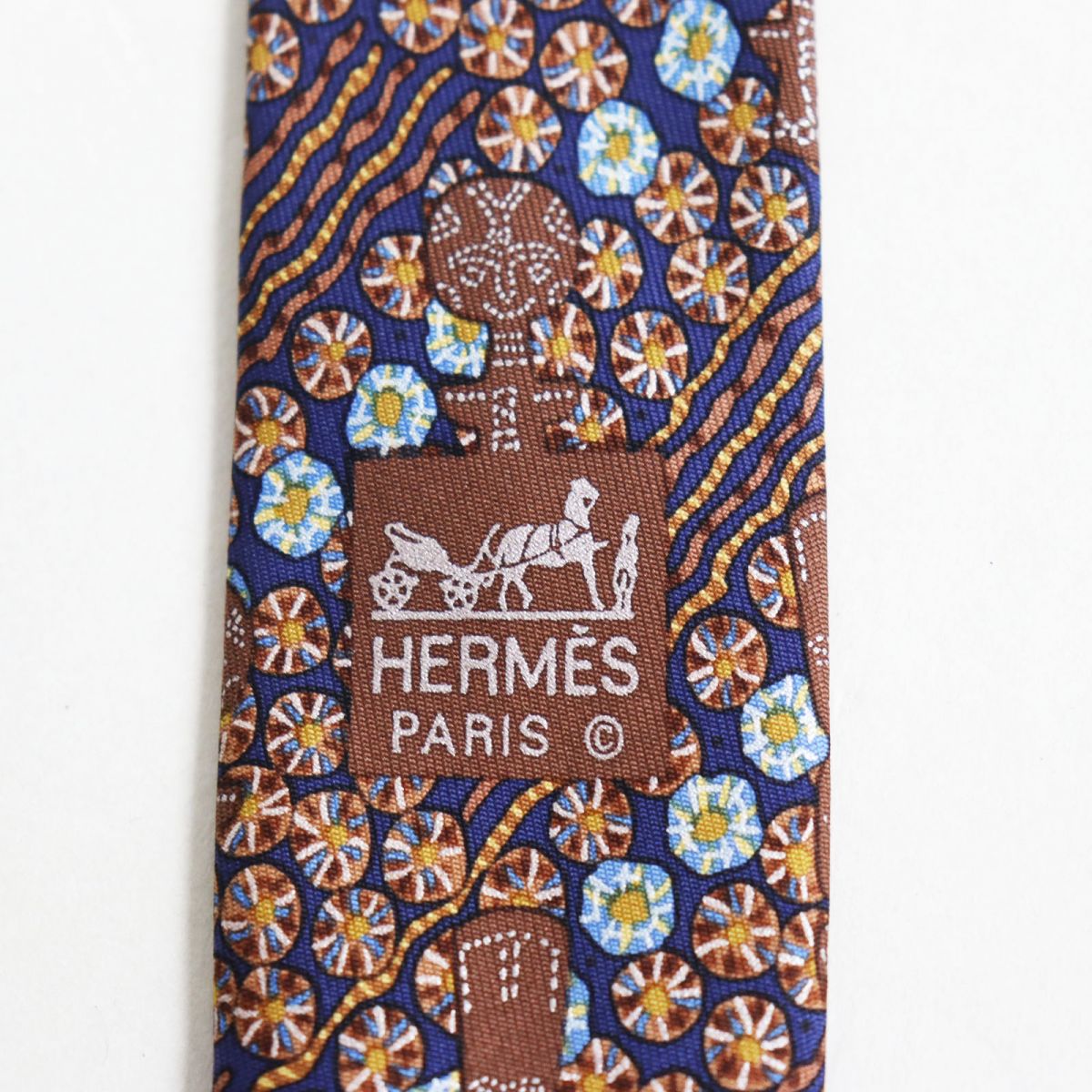 Hermes Silk 100% Floral Necktie Navy/Brown/Yellow