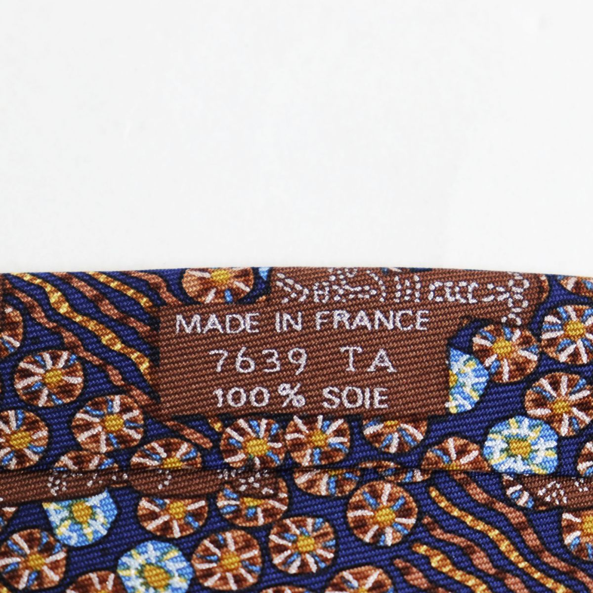 Hermes Silk 100% Floral Necktie Navy/Brown/Yellow