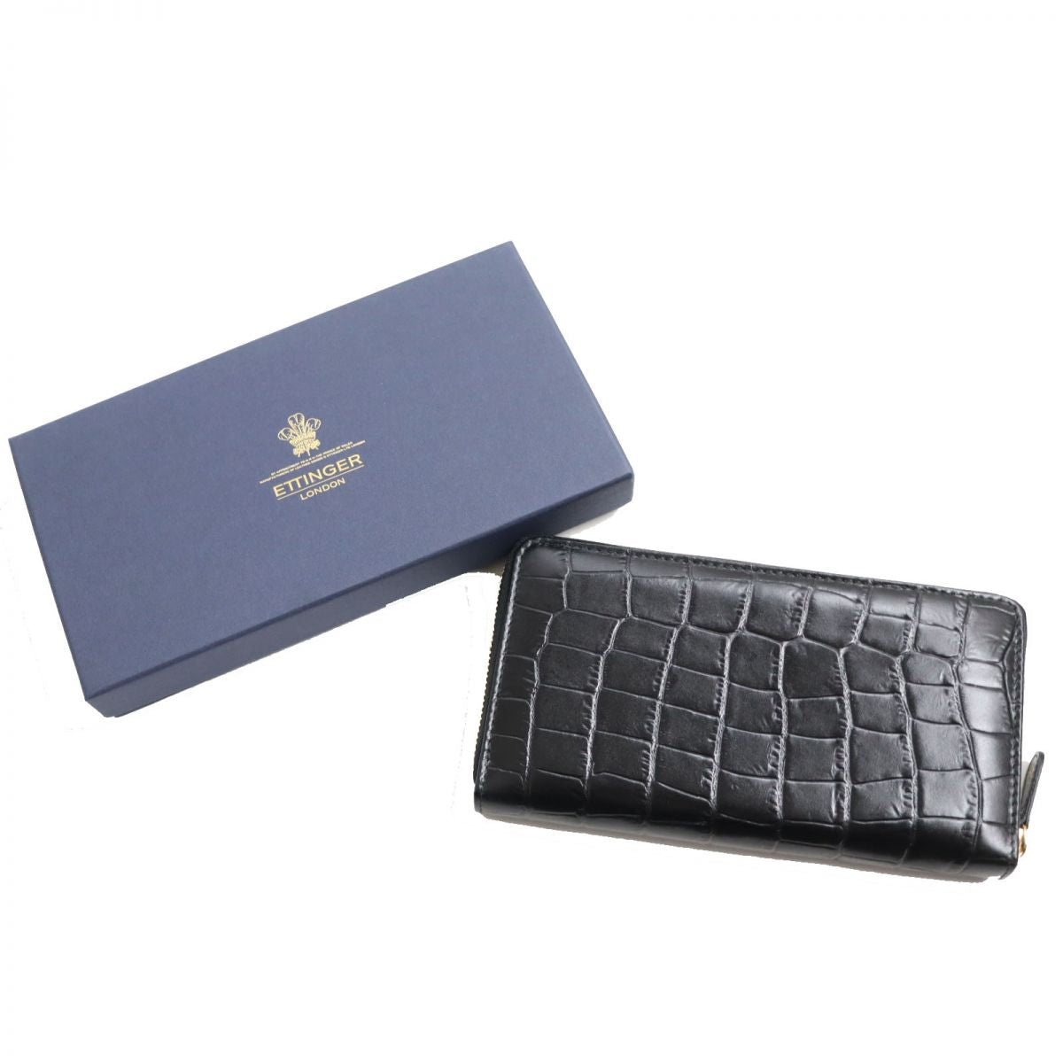 ETTINGER Crocodile Embossed Leather Long Wallet Black