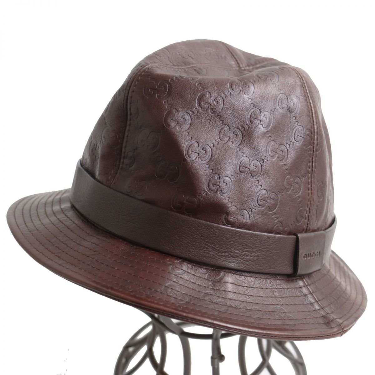 Gucci Leather GG Pattern Fedora Hat Brown S