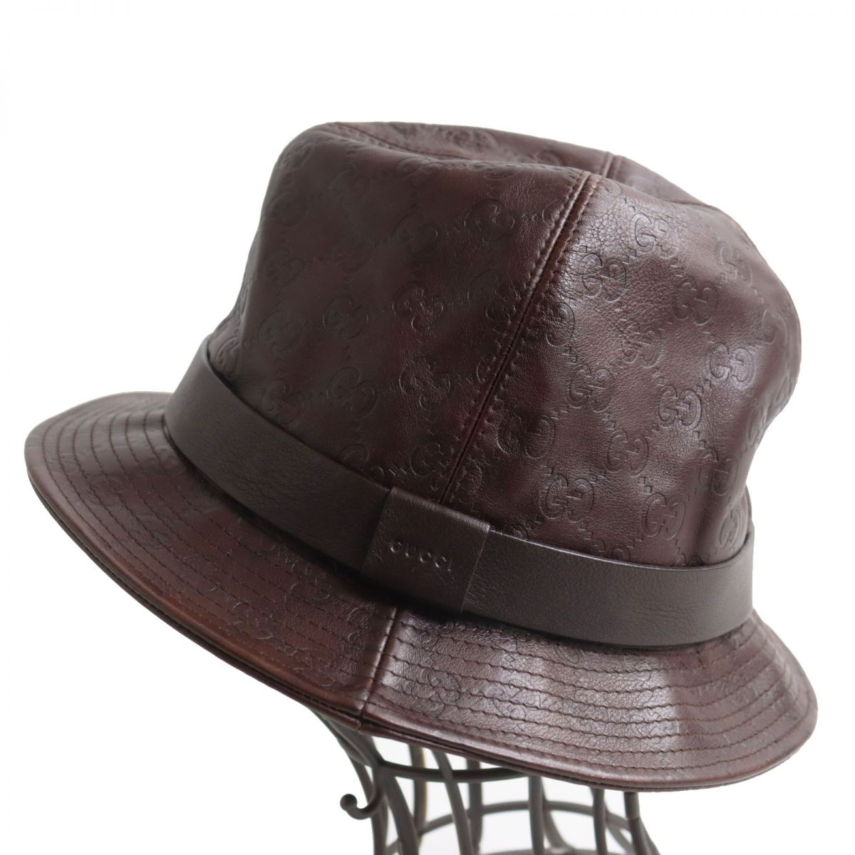 Gucci Leather GG Pattern Fedora Hat Brown S