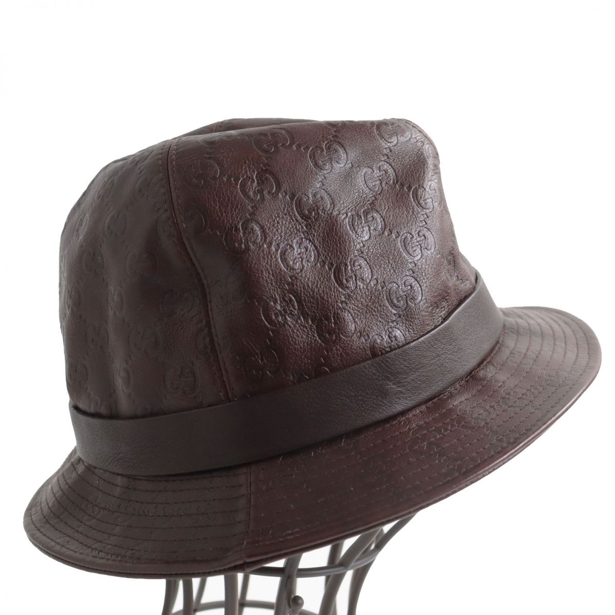 Gucci Leather GG Pattern Fedora Hat Brown S